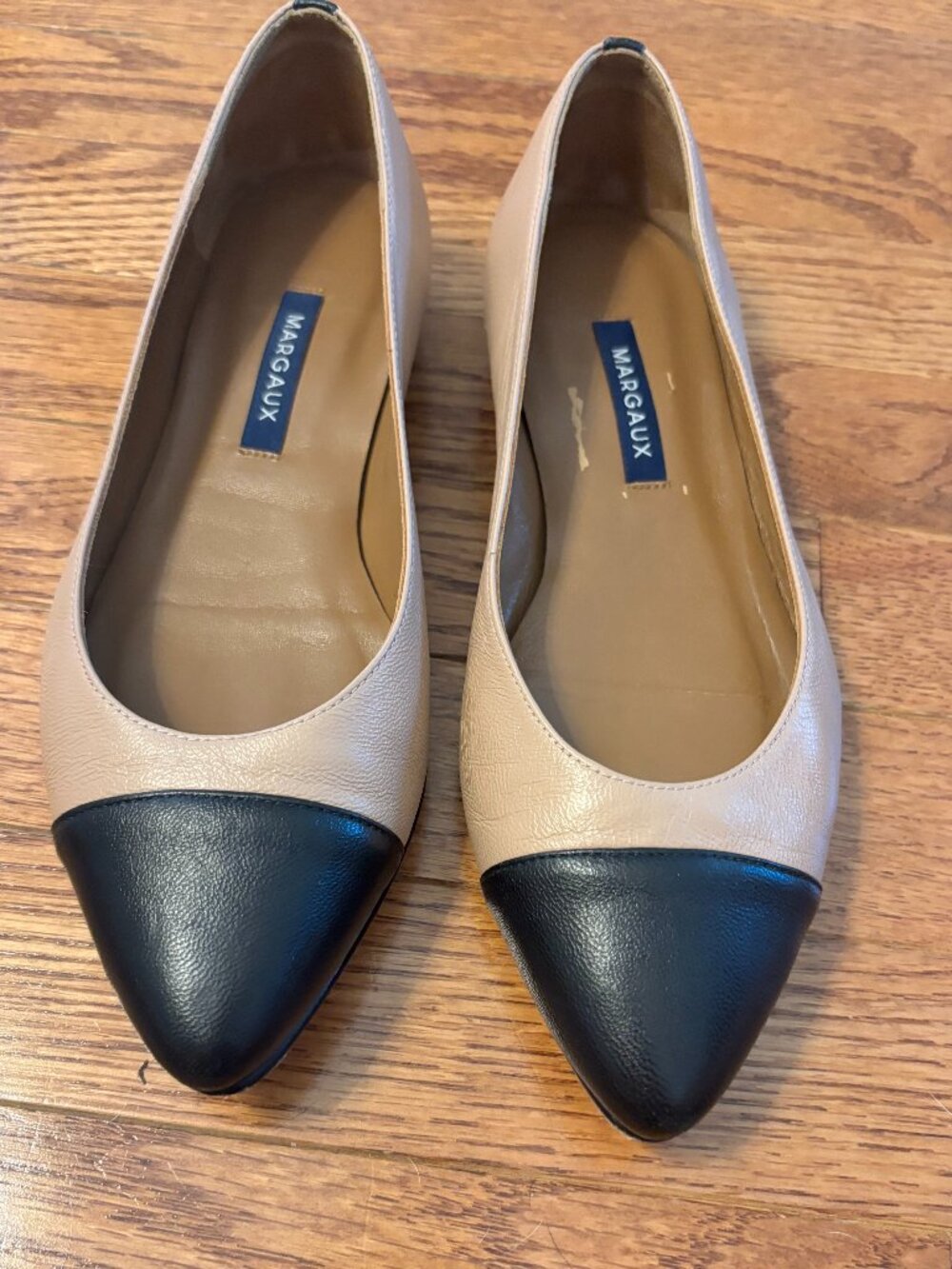 Margaux The Pointe Beige Black Cap Toe Leather Flats 36 W Wide US 6